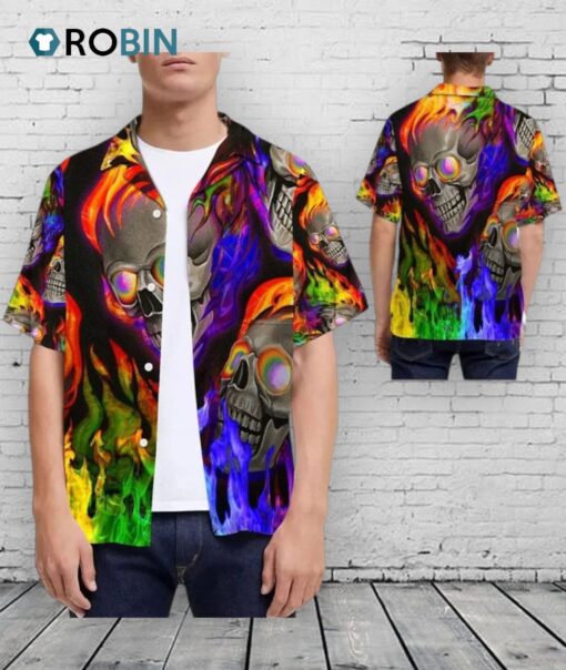 Gay Hawaiian Shirts, Beach Shirt Lgbt Pride Rainbow Flame Skull Hawaii Shirt