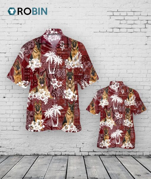 German Shepherd Hawaiian Shirt, Pet Hawaiian Shirts Red Tribal Pattern