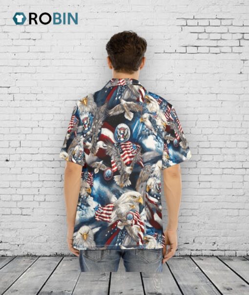 Hawaiian Camp Collar Short Sleeve Button Down Shirt Eagles Americana, Independence Day Hawaii Shirt