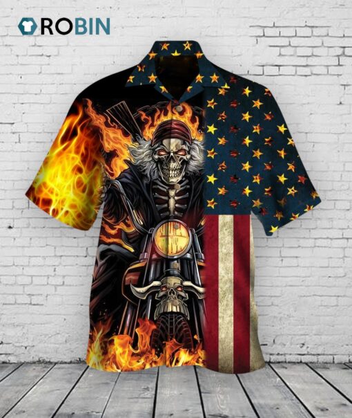 Hawaiian Shirt With Biker Skull United States Flag On Fire Pattern