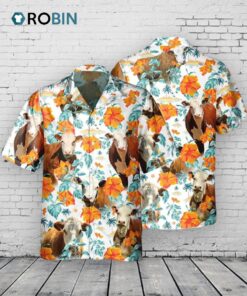 Hereford Bright Hibiscus Flower Hawaiian Shirt, Cow Hawaiian Shirt