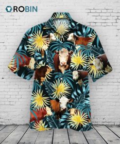Hereford Cattle Blue And Yellow Tropical Plants Hawaiian Shirt