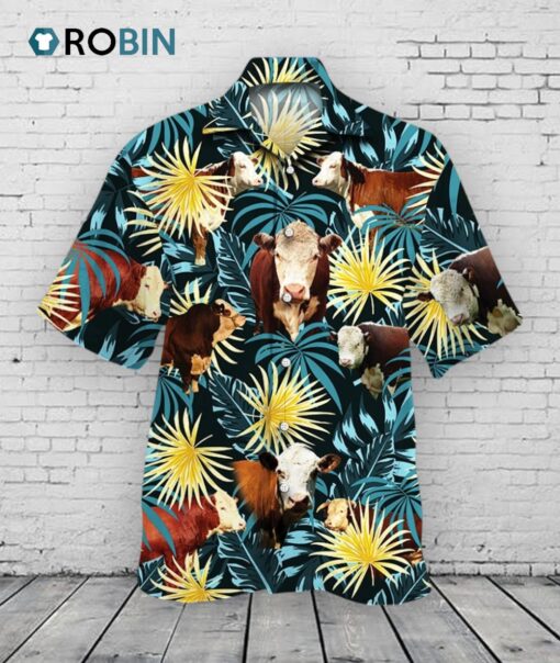 Hereford Cattle Blue And Yellow Tropical Plants Hawaiian Shirt