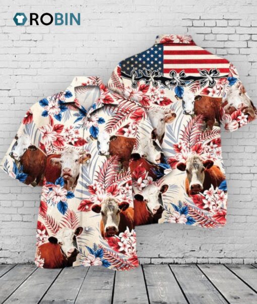 Hereford Cattle Lovers American Flag Hawaiian Shirt