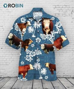 Hereford Cattle Lovers Blue Tribal Hawaiian Shirt