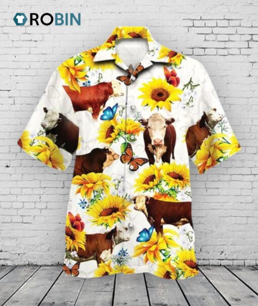 Hereford Cattle Lovers Sun Flower Hawaiian Shirt