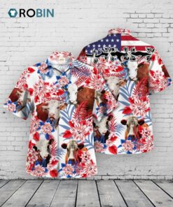Hereford In Usa Flag Pattern Hawaiian Shirt, Hereford Bull Hawaiian Shirt. Farmer Gift Summer