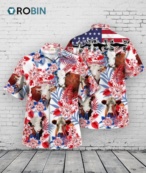 Hereford In Usa Flag Pattern Hawaiian Shirt, Hereford Bull Hawaiian Shirt. Farmer Gift Summer