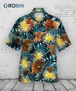 Highland Cattle Blue And Yellow Tropical Plants Hawaiian Shirt