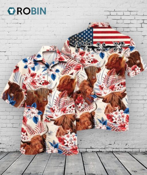 Highland Cattle Lovers American Flag Hawaiian Shirt