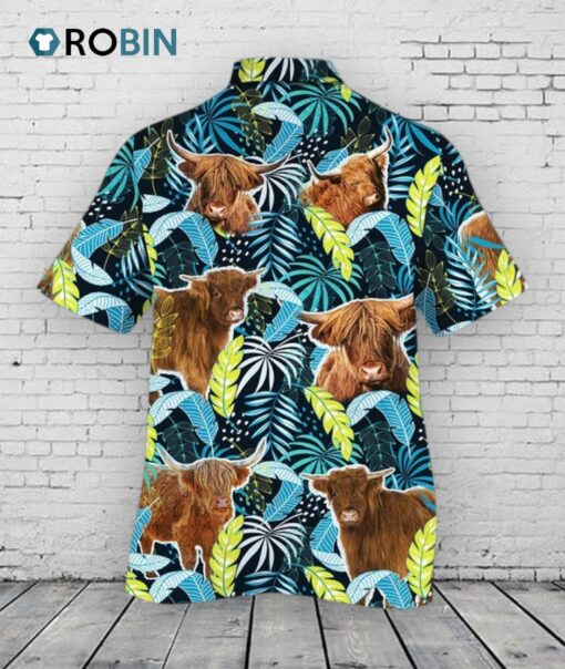 Highland Cattle Lovers Jungle Leaves Hawaiian Shirt