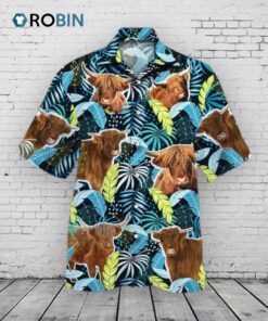 Highland Cattle Lovers Jungle Leaves Hawaiian Shirt