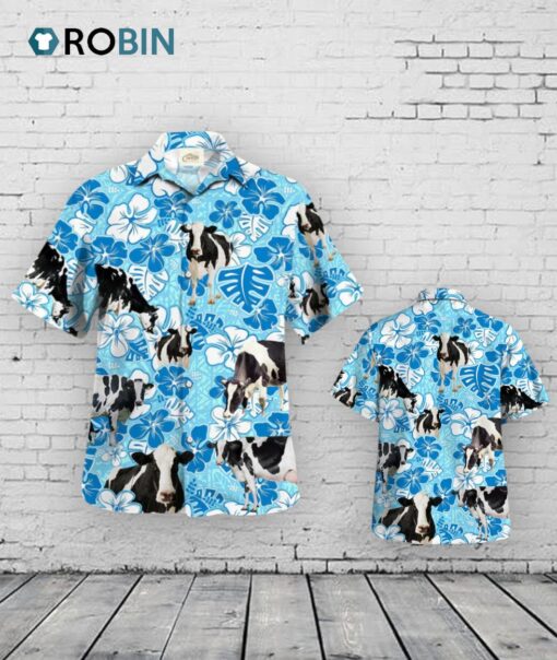 Holstein Blue Floral Hawaiian Shirt, Cow Hawaiian Shirt