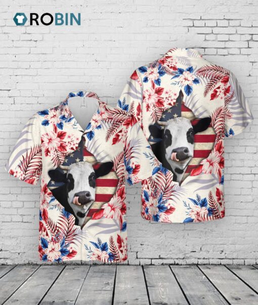Holstein Face Hibiscus Flower All Over Printed 3D Hawaiian Shirt