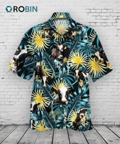 Holstein Friesian Cattle Blue And Yellow Tropical Plants Hawaiian Shirt