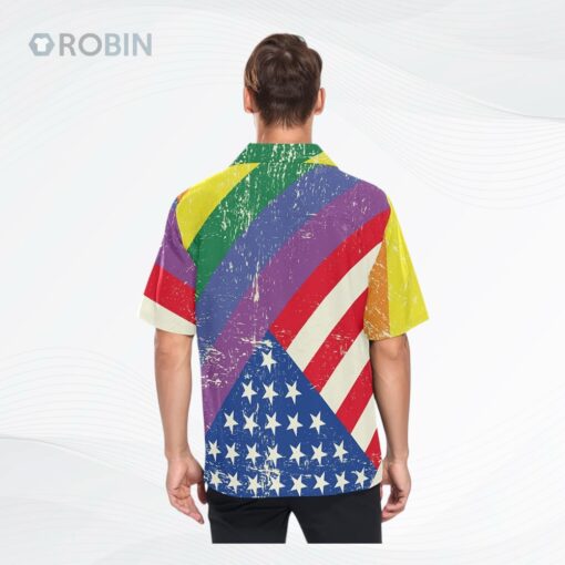 Lgbt Rainbow Men’s Hawaiian Shirt American Flag Background, Short Sleeves Button Down Aloha Shirts Beach For Ally