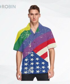 Lgbt Rainbow Men’s Hawaiian Shirt American Flag Background, Short Sleeves Button Down Aloha Shirts Beach For Ally Lgbt Rainbow Men’s Hawaiian Shirt American Flag Background, Short Sleeves Button Down Aloha Shirts Beach For Ally
