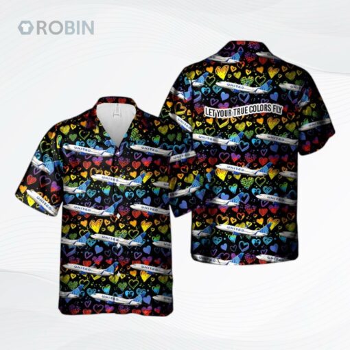 Lgbtq+ Pride Hawaiian Shirt, Let Your True Colors Fly, Heart United Airlines Boeing Hawaiian 3D Shirt