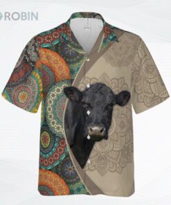 Mandala Pattern Black Angus Hawaiian Shirt Gift For Farmer