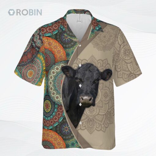 Mandala Pattern Black Angus Hawaiian Shirt Gift For Farmer