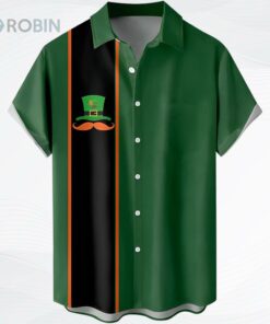 Mens St. Patrick’s Day Button Down Shirt Short Sleeve Casual Shirt Green Shamrock Printed Aloha Shirts Tops
