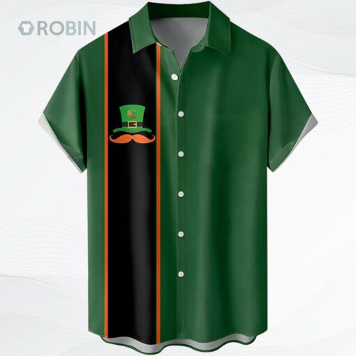 Mens St. Patrick’s Day Button Down Shirt Short Sleeve Casual Shirt Green Shamrock Printed Aloha Shirts Tops