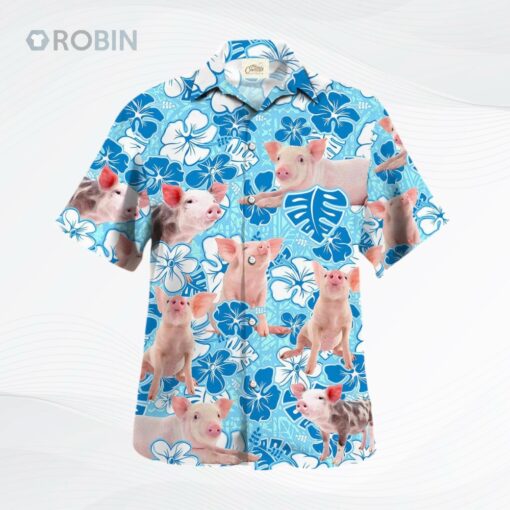 Pig Blue Floral Hawaiian Shirt, Pig Hawaiian Shirt Short Sleeve, Summer Hawaii Shirt For Farmer
