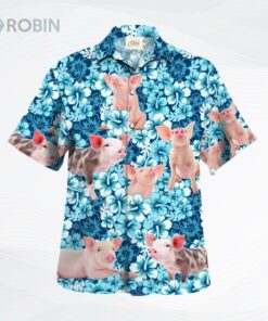 Pig Hawaiian Shirt, Pig Blue Hibiscus Flowers Hawaiian Shirts