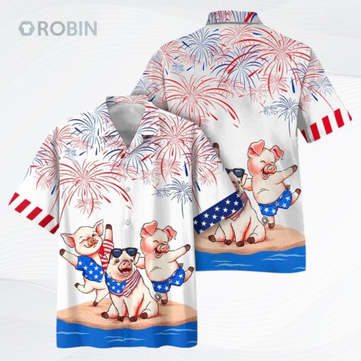 Pig’s 3D Full Print Hawaiian Shirts, Independence Day Is Coming, Happy 4th Of July Pig Aloha Beach Shirt