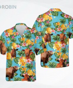 Pineapple Hawaiian Theme For Red Angus Cattle Lovers All 3D Printed Hawaiian Shirt