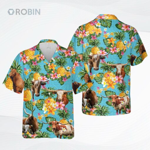 Pineapple Hawaiian Theme For Texas Longhorn Cattle Lovers All 3D Printed Hawaiian Shirt