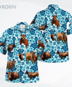 Red Angus Blue Hibiscus Flowers Hawaiian Shirt, Summer Cow Hawaii Aloha Beach Shirt