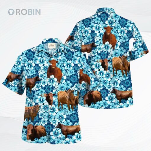 Red Angus Blue Hibiscus Flowers Hawaiian Shirt, Summer Cow Hawaii Aloha Beach Shirt