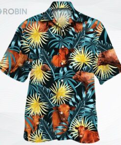 Red Angus Cattle Blue And Yellow Tropical Plants Hawaiian Shirt