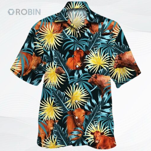 Red Angus Cattle Blue And Yellow Tropical Plants Hawaiian Shirt