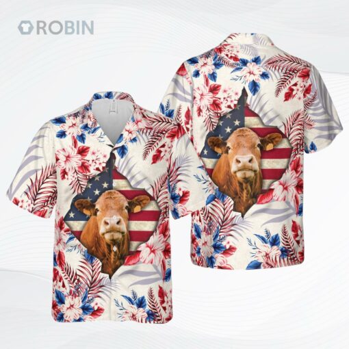 Red Angus Face Hibiscus Flower All Over Printed 3D Hawaiian Shirt