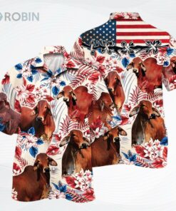 Red Brahman Cattle Lover American Flag Pattern Hawaiian Shirt For Adults, Cow Bull Hawaii Shirt For Summer