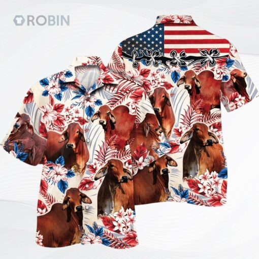 Red Brahman Cattle Lover American Flag Pattern Hawaiian Shirt For Adults, Cow Bull Hawaii Shirt For Summer