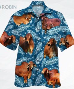 Red Brahman Cattle Lover Blue Feather Hawaiian Shirt, Cow Bull Hawaii Aloha Beach Shirts