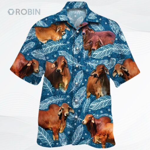 Red Brahman Cattle Lover Blue Feather Hawaiian Shirt, Cow Bull Hawaii Aloha Beach Shirts