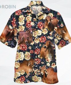 Red Brahman Cattle Lover floral flower Pattern Hawaiian Shirt For Adults, Cow Bull Hawaii Shirt For Summer
