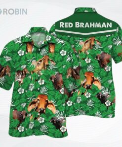 Red Brahman Cattle Lover Green Floral Pattern Unisex Hawaiian Shirt, Floral Bull Cow Hawaii Beach Shirt