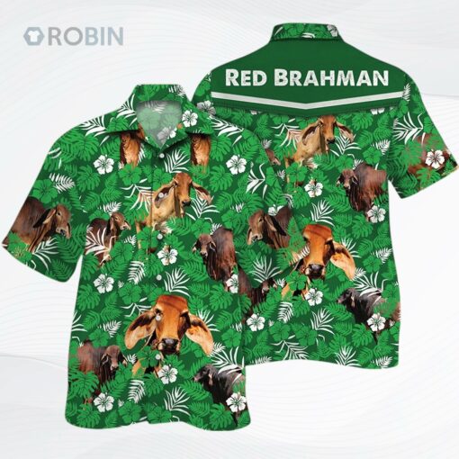 Red Brahman Cattle Lover Green Floral Pattern Unisex Hawaiian Shirt, Floral Bull Cow Hawaii Beach Shirt
