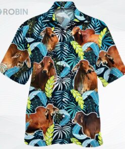 Red Brahman Cattle Lover Jungle Leaves Unisex Hawaiian Shirt, Cow Bull Hawaiian Beach Shirts
