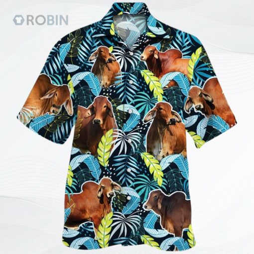 Red Brahman Cattle Lover Jungle Leaves Unisex Hawaiian Shirt, Cow Bull Hawaiian Beach Shirts