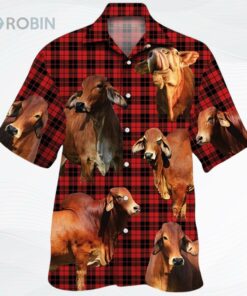 Red Brahman Cattle Lover Red Tartan Pattern Hawaiian Shirt For Adults, Cow Bull Hawaii Shirt For Summer