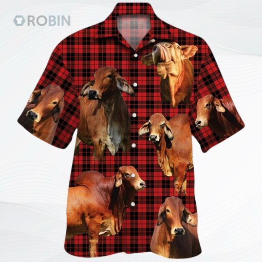Red Brahman Cattle Lover Red Tartan Pattern Hawaiian Shirt For Adults, Cow Bull Hawaii Shirt For Summer