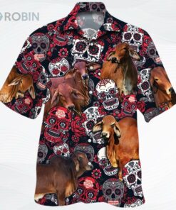 Red Brahman Cattle Lover Sugar Skull Floral Unisex Hawaiian Shirt, Skull Bull Cow Hawaii Beach Shirt