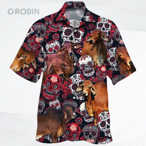 Red Brahman Cattle Lover Sugar Skull Floral Unisex Hawaiian Shirt, Skull Bull Cow Hawaii Beach Shirt