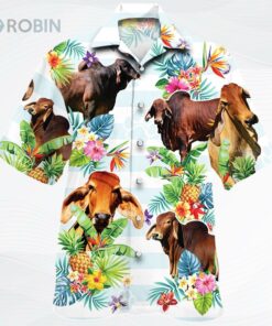 Red Brahman Cattle Lover Tropical Flower Hawaiian Shirts For Cow Lovers, Bull Cow 3D Hawaii Shirt